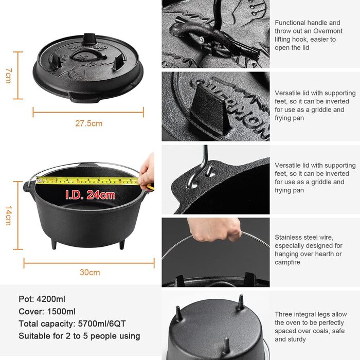 Чугунная голландская печь 5,6 л Black Overmont
